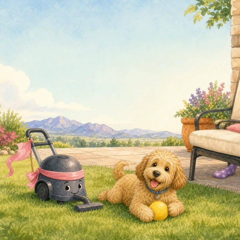 Back cover: Bruno sits with his yellow ball on sunny patio grass while one sock peeks from under the chair and Captain Vacuum rests nearby with its pink flag.