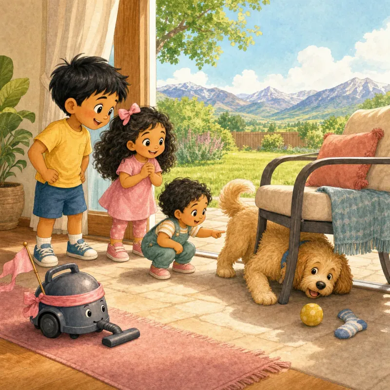 End page: Bruno peeking under the patio chair again as if searching for tomorrow's adventure; Riyan, Myra, and Anvi amused nearby; Captain Vacuum with pink flag resting safely.