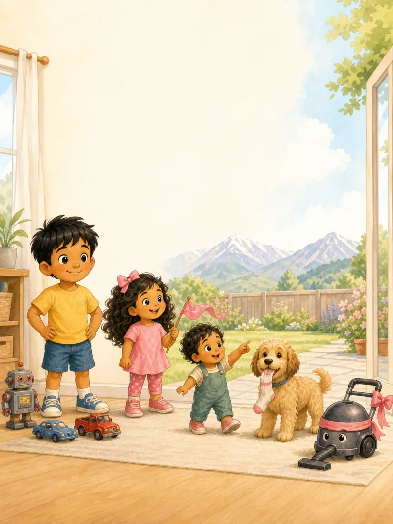 Helper introduction page with Riyan and toy robot cars, Myra holding pink ribbon, Anvi pointing outside, Bruno holding one sock, and Captain Vacuum ready by the open back door.
