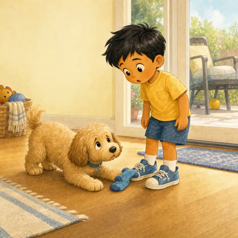 Bruno drops one sock on Riyan's foot while looking sad and hopeful; Riyan notices the sock and the problem outside.