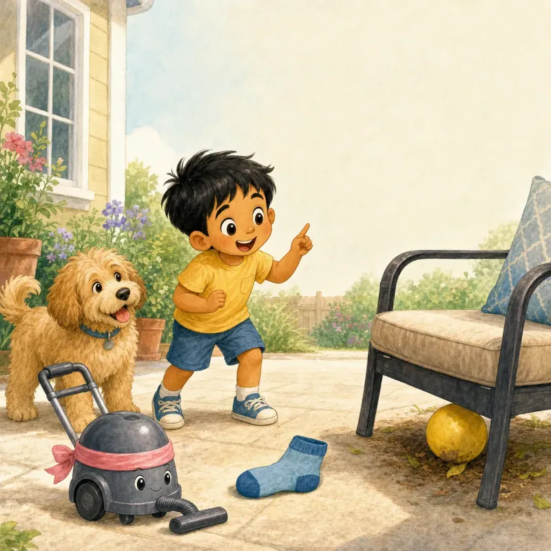 Riyan looks at the ball, sock, and Captain Vacuum with big rescue-mission excitement; Bruno waits hopefully.