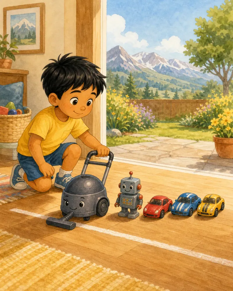 Riyan parks Captain Vacuum at a starting line and lines up one toy robot plus three tiny cars behind it.