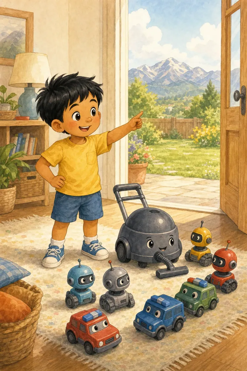 Riyan points at the robot scouts, toy cars, and Captain Vacuum while explaining the rescue plan.