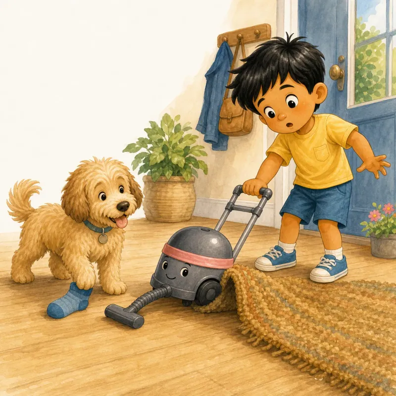 Captain Vacuum rolls two inches and gently bumps the doormat; one wheel caught by the lumpy mat; Riyan surprised.