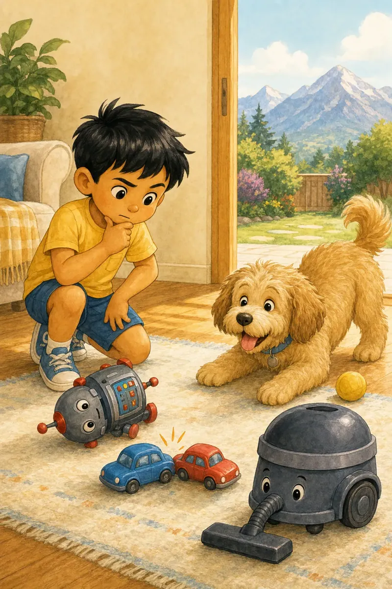 Toy robot tipped sideways, tiny cars bonked together; Bruno wagging happily as if everything is going wonderfully.