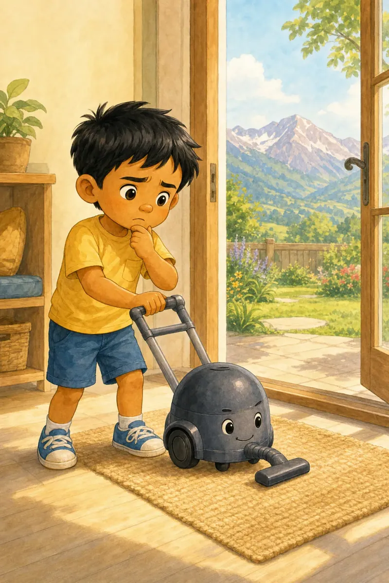 Riyan frowns thoughtfully at the mat and holds Captain Vacuum's handle tight, realizing the machine plan needs something.