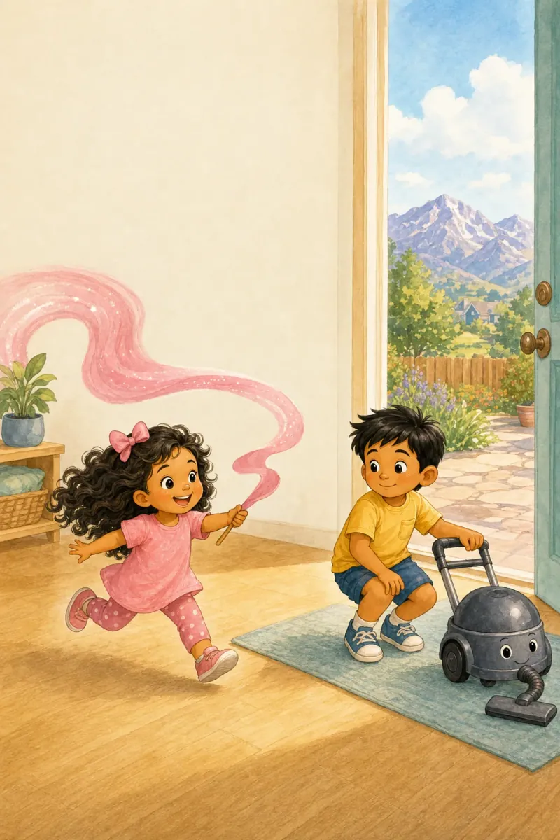 Myra runs in with pink ribbon trailing behind her like a comet; Riyan and Captain Vacuum paused near the mat.