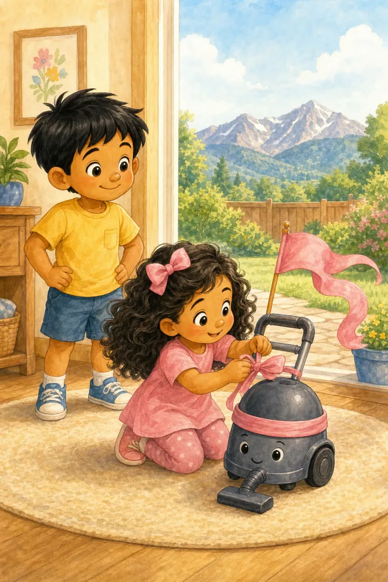 Myra ties the pink ribbon to Captain Vacuum's handle; the pink flag flutters ready-ready-ready; Riyan watches.