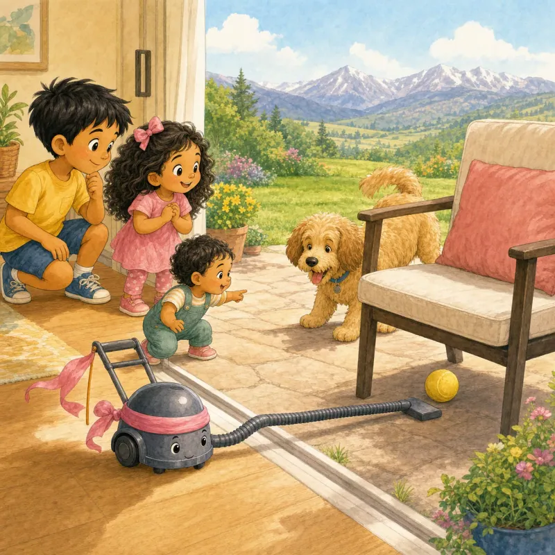 At the patio chair, the yellow ball sits just out of reach while Captain Vacuum's hose stretches but stops too soon.