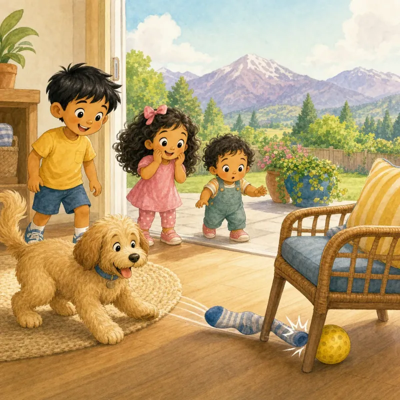 Riyan reaches, Myra crouches, Anvi leans, and Bruno sneezes near the patio chair; the yellow ball still does not move.