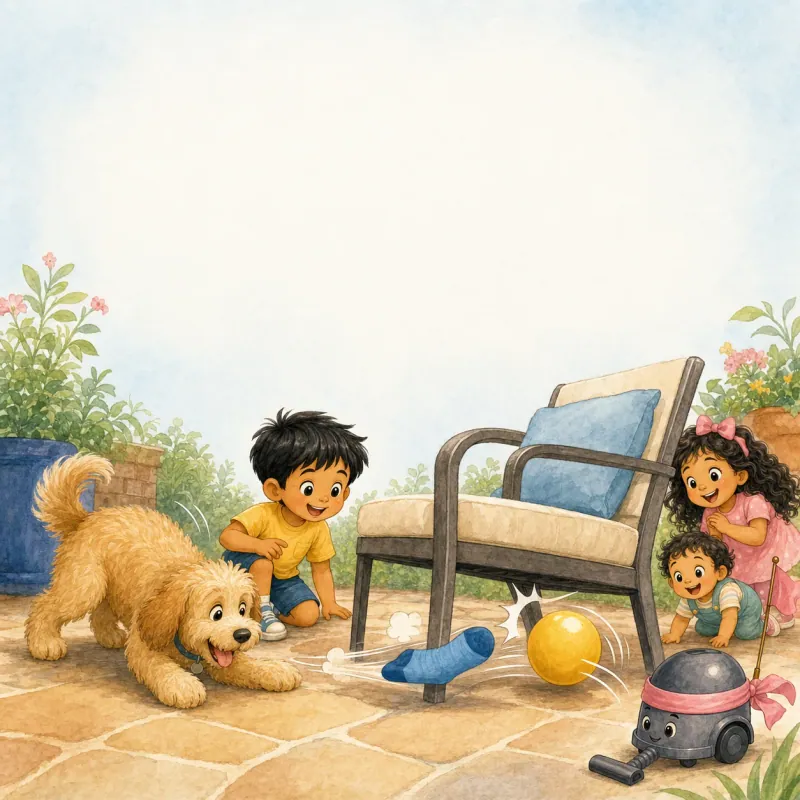 Bruno drops the sock, which slides under the patio chair and bonks the yellow ball.