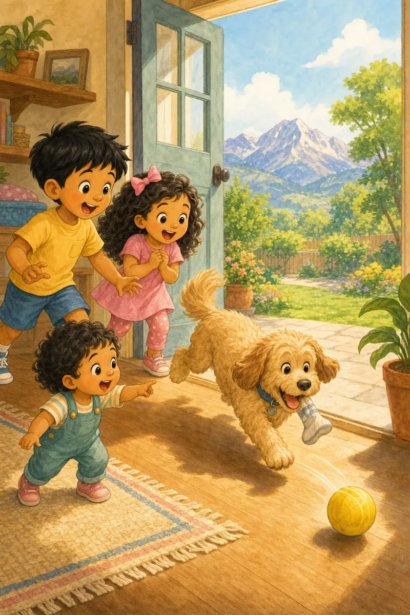 The yellow ball rolls out into sunshine; Bruno and the children react with delighted surprise.