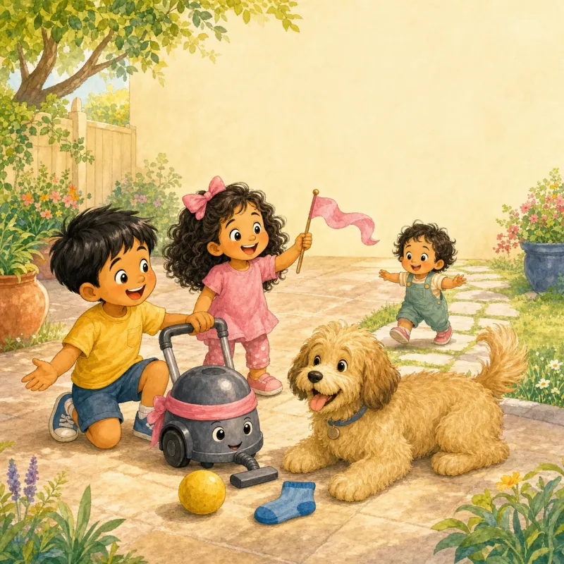 Riyan laughs and recognizes the teamwork: Myra's flag, Anvi's way, Bruno's sock, and his machine; everyone gathered near Captain Vacuum.