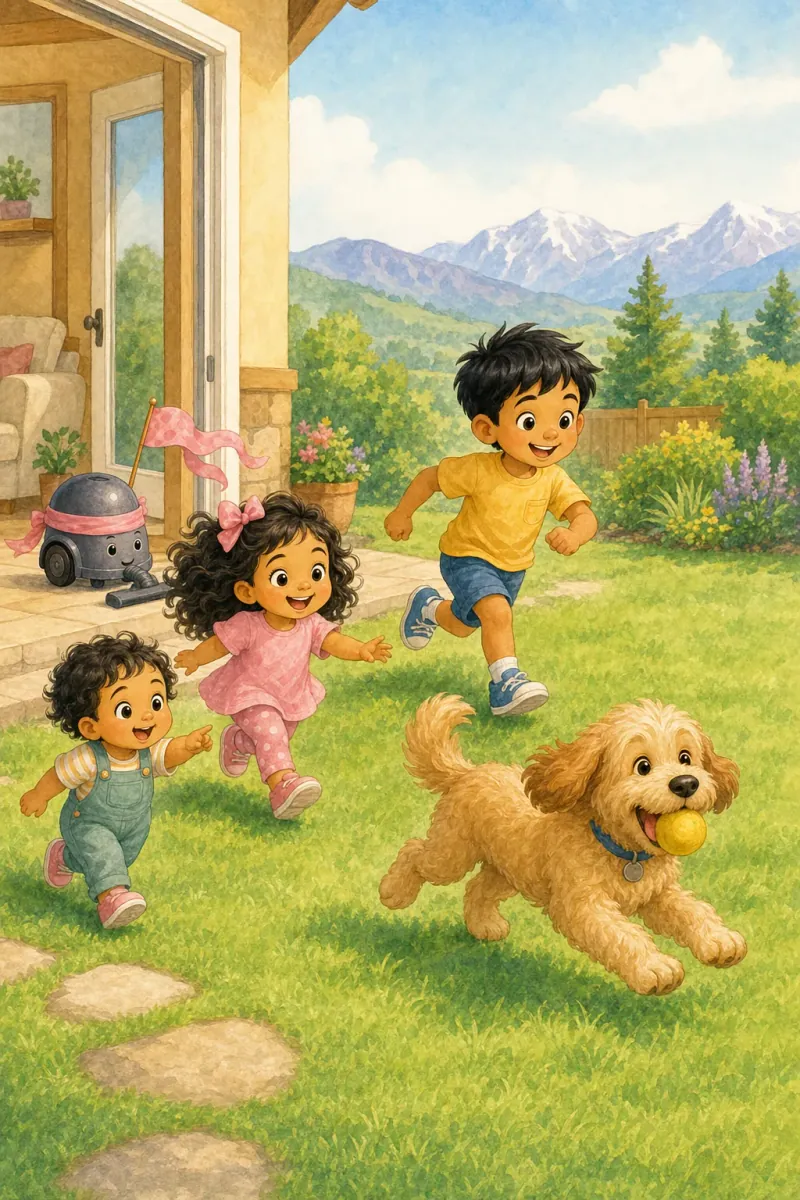 Joyful ending: the kids chase Bruno and the rescued yellow ball across sunny grass; Captain Vacuum with pink flag visible near patio.