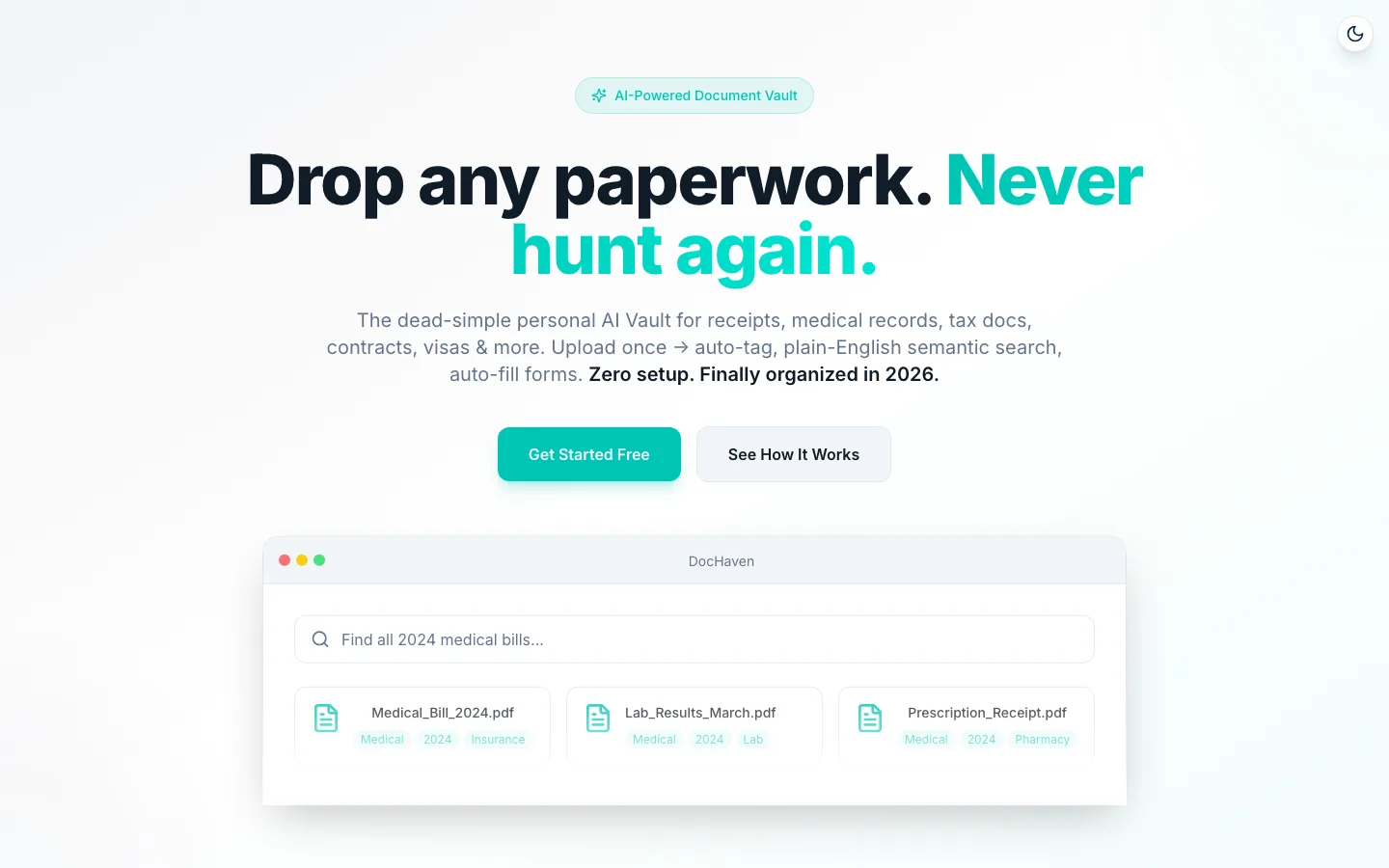 DocHaven landing page demonstrating plain-English search across personal documents