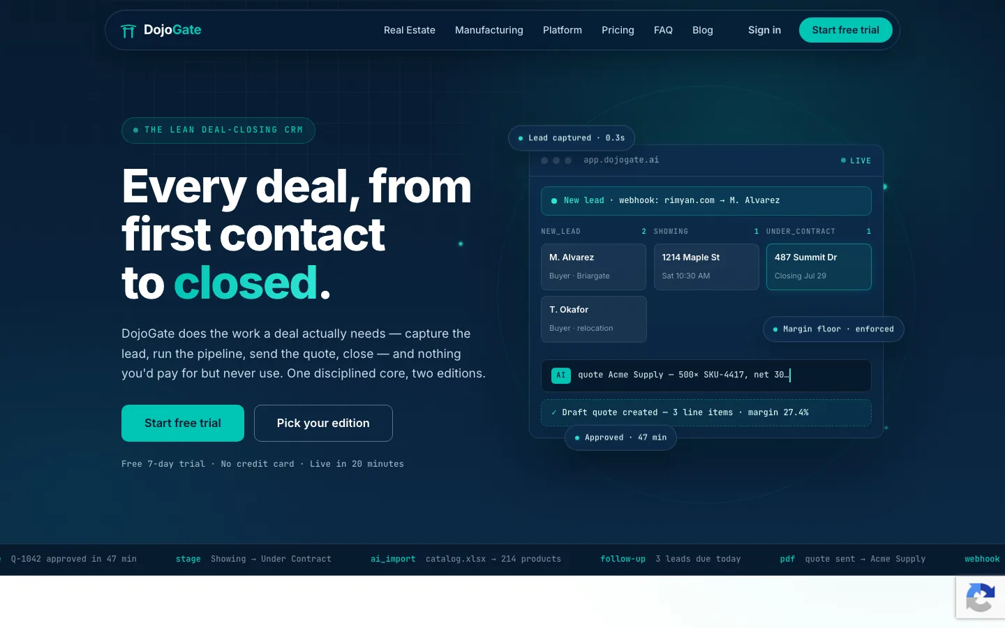 DojoGate landing page showing its lean deal-closing CRM workflow
