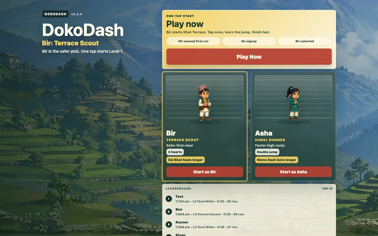 Doko Dash game start screen with Bir and Asha character choices